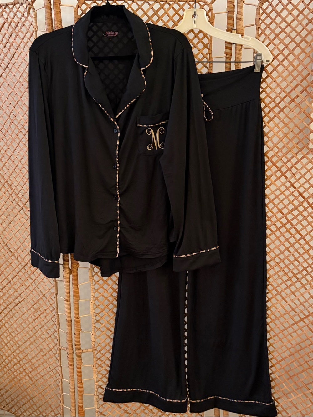 NWOT Black w/ Leopard Trim PJ Set w/ letter M Embroidered on Front Pocket - Picture 2 of 9